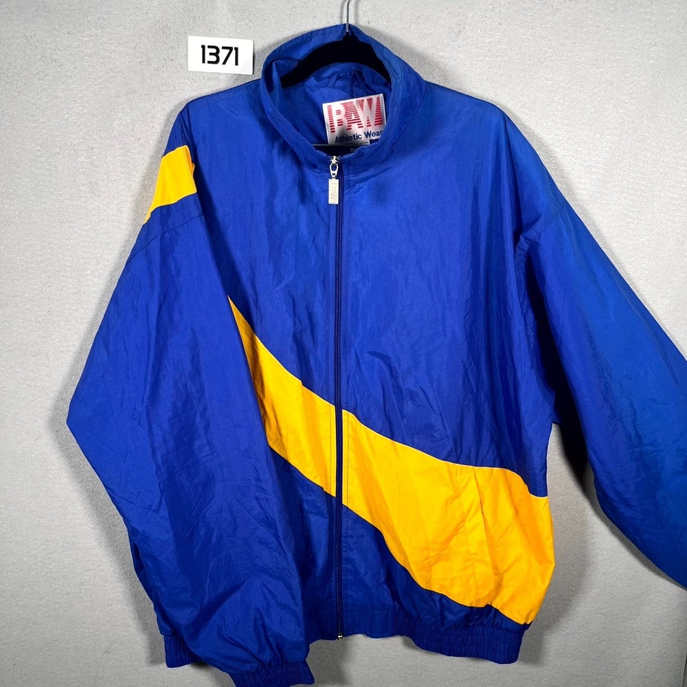 VTG BAW Athletic Wear Windbreaker Jacket Mens XL Blue Yellow Full Zip Mesh Lined